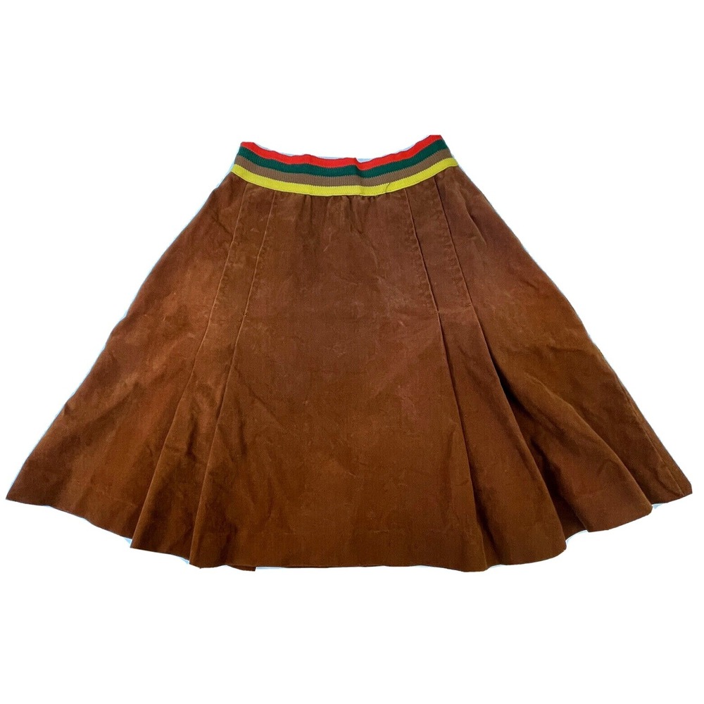 Vintage 1970s Pre-teen Girls Skirt Groovy Mod Bright Elastic Waist Pleated Brown